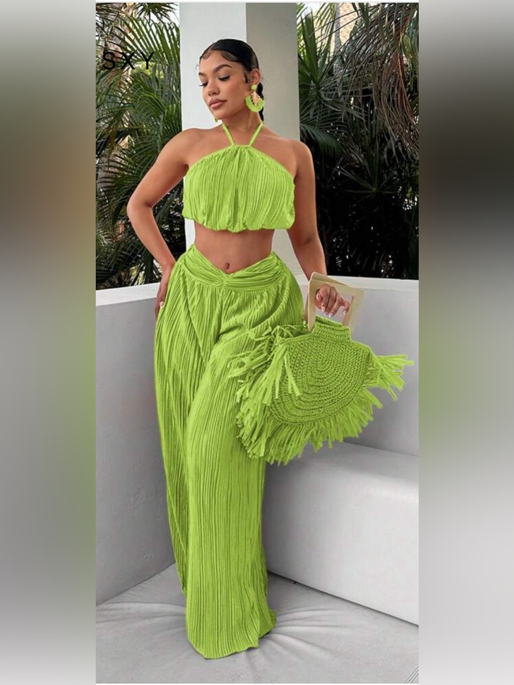 SHEIN Green Pleated Halter crop top Set